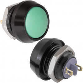 Кнопка антивандальная без подсветки RUICHI GQ12B-10/J/B/G/N, 1NO, ОFF-(ON) без фиксации, пос. диаметр 12 мм, контакты 2Pin, 2 А, 50 мОм, -20...+55 °C, корпус пластиковый черный, кнопка зеленая
