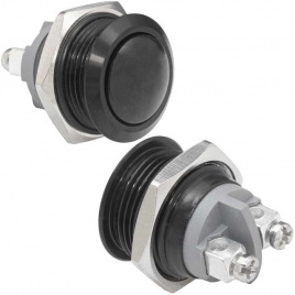 Кнопка антивандальная без подсветки RUICHI GQ16B-10/B/B/N, 1NO, ОFF-(ON) без фиксации, пос. диаметр 16 мм, контакты 2S, 2 А, 50 мОм, -20...+55 °C, корпус пластиковый черный, кнопка черная