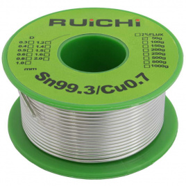 Припой оловянно-медный RUICHI, Sn 99.3%/Cu 0.7%, бессвинцовый,  диаметр 1.2 мм, 50 г, с флюсом