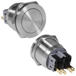 Кнопка антивандальная RUICHI GQ25PF-11/N, ON-(OFF)+OFF-(ON), рабочая температура - 25…+55 °C, никелированная латунь
