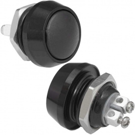 Кнопка антивандальная без подсветки RUICHI GQ12B-10/B/B/N, 1NO, ОFF-(ON) без фиксации, пос. диаметр 12 мм, контакты 2S, 2 А, 50 мОм, -20...+55 °C, корпус пластиковый черный, кнопка черная