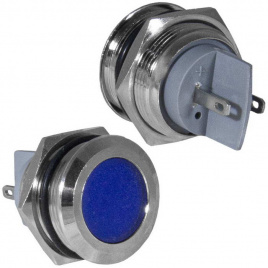 Индикатор антивандальный RUICHI GQ19PF-B, цвет синий, точечный излучатель, 12-24 В, 15 мА, гибкие выводы, никелированная латунь