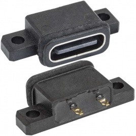Разъём USB3.1-TYPE-C 24PF C IPX8-001, 2 контакта, 5 А, 20 В, 40 мОм, корпус пластиковый черный с проушинами под крепление