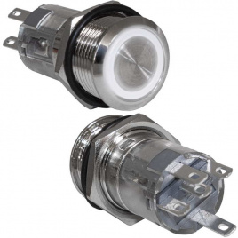 Кнопка антивандальная с подсветкой RUICHI LAS2GQF-11E/W/N, ON-(ON) без фиксации, М16, подсветка 12 В, 250 В, 3 А, 50 мОм, -25...+55 °C, корпус никелированная латунь, индикатор кольцевой, цвет индикатора белый