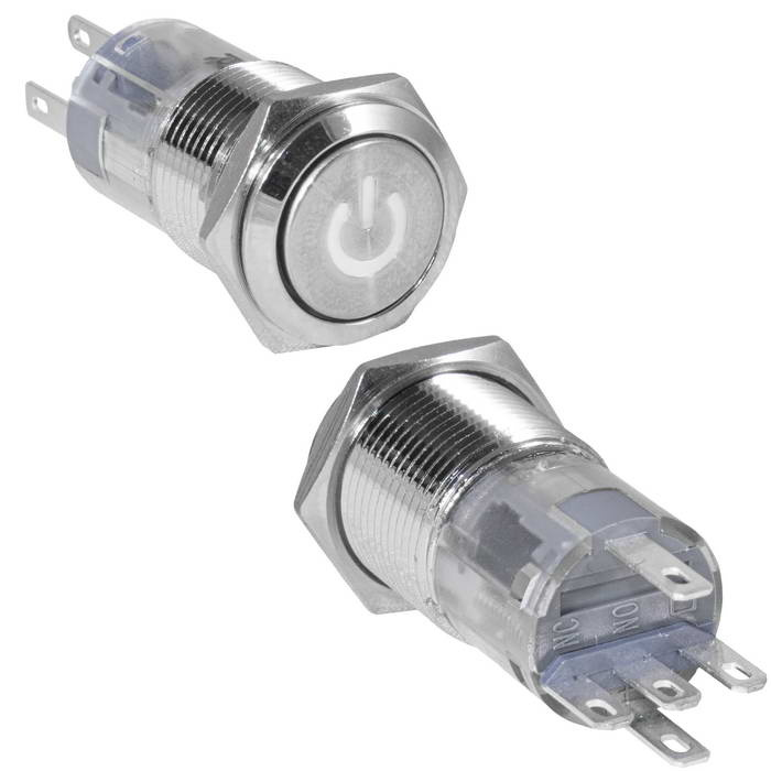 Кнопка антивандальная RUICHI LAS2GQF-11DT/W/N, ON-(ON), рабочая температура -25…+55 °C, никелированная латунь фото 1