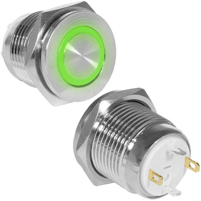 Кнопка антивандальная RUICHI GQ16PF-10E/J/G/N, OFF-(ON), рабочая температура -25…+55 °C, никелированная латунь фото 1