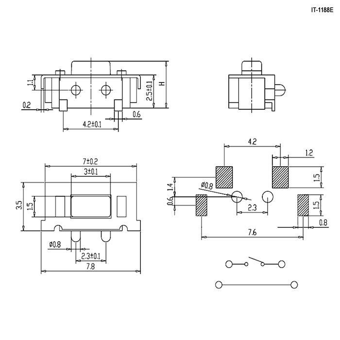 Тактовая кнопка RUICHI IT-1188E, 3.5x7.8x3.5 мм, OFF-(ON), SPST, 50 мА, 12 В, 100 мОм фото 2
