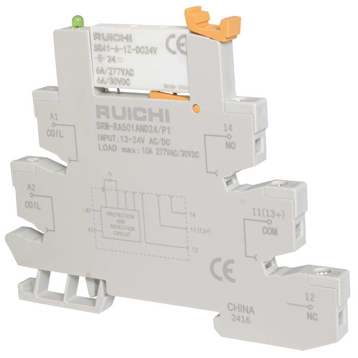 Интерфейсный модуль реле RUICHI SRM-RA501AND24/P1, 6 А, 12-24 В AC/DC, 1 перекидной    контакт, моностабильное переключение, с колодкой, винтовое соединение фото 1