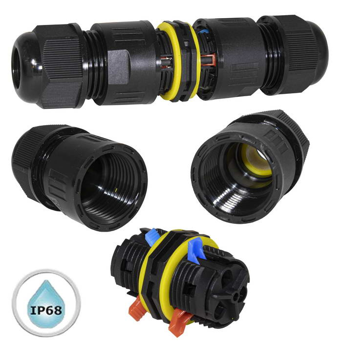 Герметичный разъем RUICHI M20-2P, резьба М20, 2 контакта, пружинно-зажимной монтаж, IP68, 16 А, 250 В, корпус PA66 UL94-V2, черный фото 1