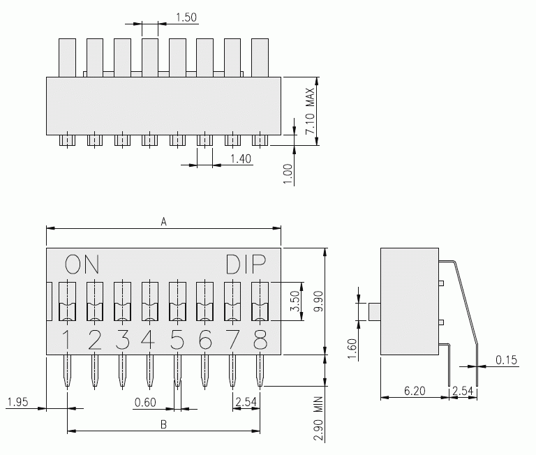 DIP-переключатель угловой RUICHI DA08R, 25 мА, 24 В, 50 мОм, 8 (ON-OFF) с шагом 2,54 мм, 6.7х21.88х9.9 мм фото 2