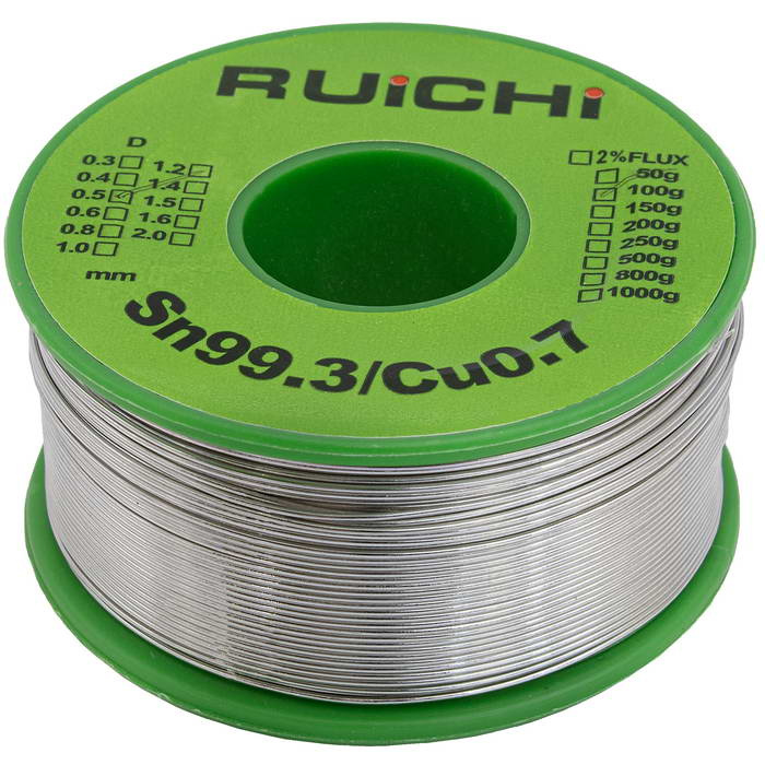 Припой оловянно-медный RUICHI, Sn 99.3%/Cu 0.7%, бессвинцовый,  диаметр 0.5 мм, 100 г, с флюсом фото 1