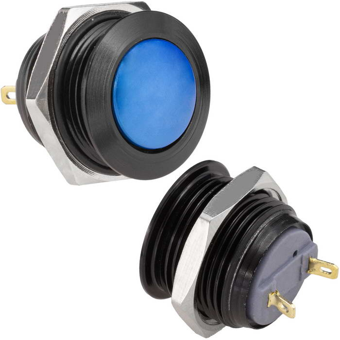 Кнопка антивандальная без подсветки RUICHI GQ16B-10/J/B/Bl/N, 1NO, ОFF-(ON) без фиксации, пос. диаметр 16 мм, контакты 2Pin, 2 А, 50 мОм, -20...+55 °C, корпус пластиковый черный, кнопка синяя фото 1