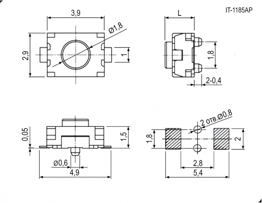Тактовая кнопка RUICHI IT-1185AP, 5x3x2 мм, OFF-(ON), SPST, 50 мА, 12 В, 100 мОм фото 2