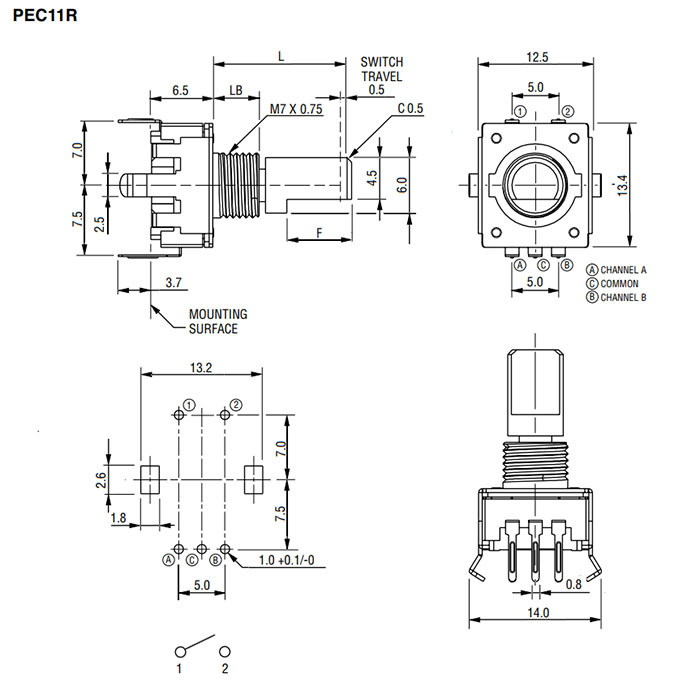 Энкодер инкрементальный двухканальный с переключателем RUICHI PEC11R, SPST NO, 5 В, 10 мА, разрешение 24/24, длина вала 15 мм, монтаж на плату вертикально, металл фото 2