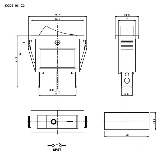 Клавишный переключатель RUICHI KCD3-101N-C3-Y/3P ,ON-OFF, 3 контакта, желтый фото 2