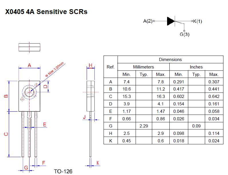 X0405MQ Weida тиристор 600 В, 4 А, TO-126 фото 2