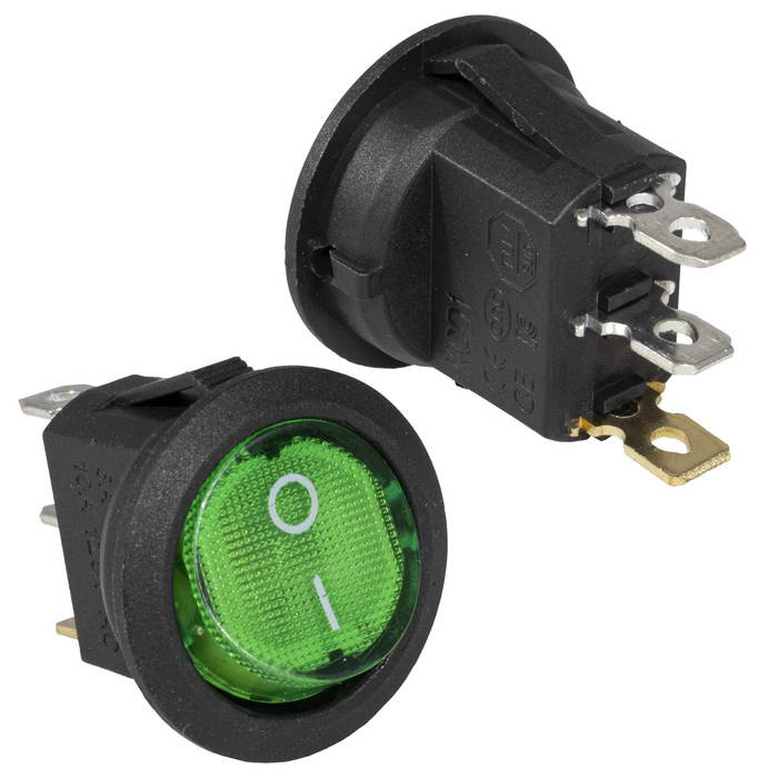 Клавишный переключатель с подсветкой RUICHI KCD1-101N-8-C3-G/3P, ON-OFF, SPST, 3 контакта, 2 А, 250 В, 35 мОм, корпус черный, клавиша зеленая фото 1