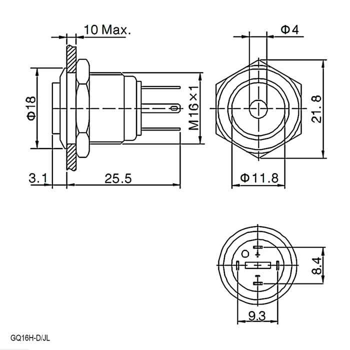Кнопка антивандальная RUICHI GQ16H-10D/JL/G/N, OFF-(ON), рабочая температура -25…+55 °C, никелированная латунь фото 2