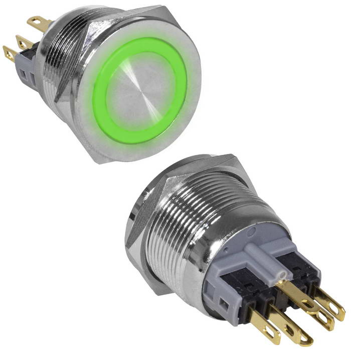 Кнопка антивандальная RUICHI GQ22PF-11E/G/N, ON-(OFF)+OFF-(ON), рабочая температура -25…+55 °C, никелированная латунь фото 1