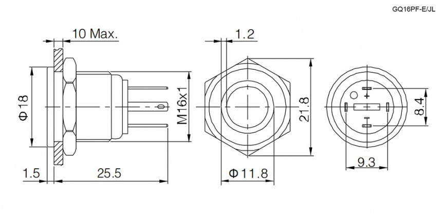 Кнопка антивандальная RUICHI GQ16PF-10E/JL/R/N, OFF-(ON), рабочая температура -25…+55 °C, никелированная латунь фото 2