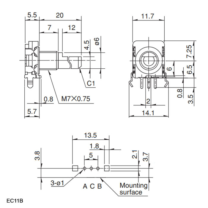 Энкодер инкрементальный двухканальный без переключателя RUICHI EC11B, 5 В, разрешение 30/15, длина вала 20 мм, монтаж на плату горизонтально, металл фото 2
