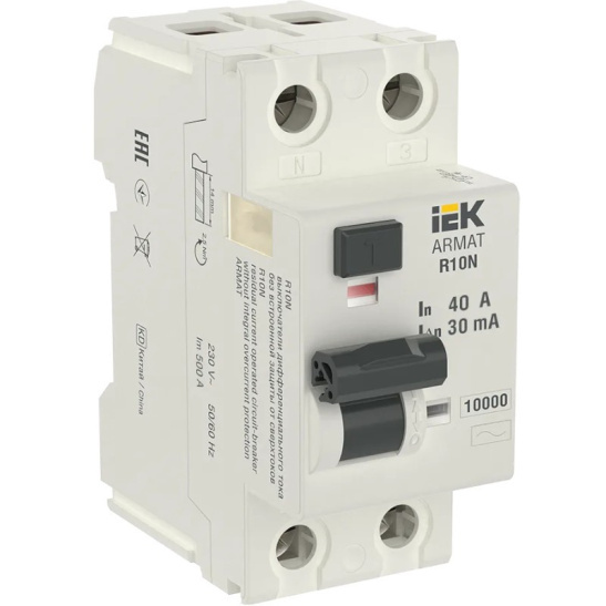Выключатель дифференциальный УЗО R10N 2Р 40А 30мА ARMAT IEK (AR-R10N-2-040C030) фото 1