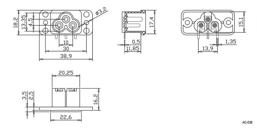 Разъем питания IEC-60320 (C6) RUICHI AC-038, с фланцами, 3 контакта, 10 А, 250 В, -25…+70 °C, черный фото 2