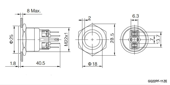 Кнопка антивандальная RUICHI GQ22PF-11ZE/B/N, ON-OFF+OFF-ON, рабочая температура -25…+55 °C, никелированная латунь фото 2