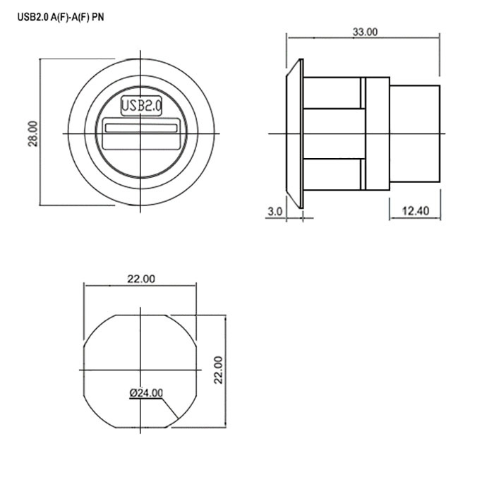 Панельный модуль (переходник) передачи данных USB RUICHI USB 2.0 A(F)-A(F) PN, прямой порт USB, 5В, 0.5 А, крепление гайка с резьбой, корпус из цинка, цвет черный фото 2