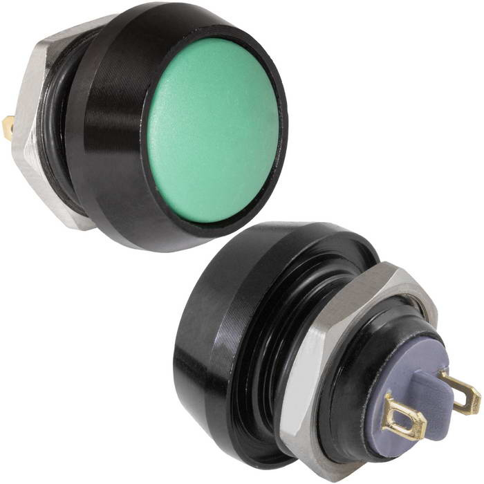 Кнопка антивандальная без подсветки RUICHI GQ12B-10/J/B/G/N, 1NO, ОFF-(ON) без фиксации, пос. диаметр 12 мм, контакты 2Pin, 2 А, 50 мОм, -20...+55 °C, корпус пластиковый черный, кнопка зеленая фото 1