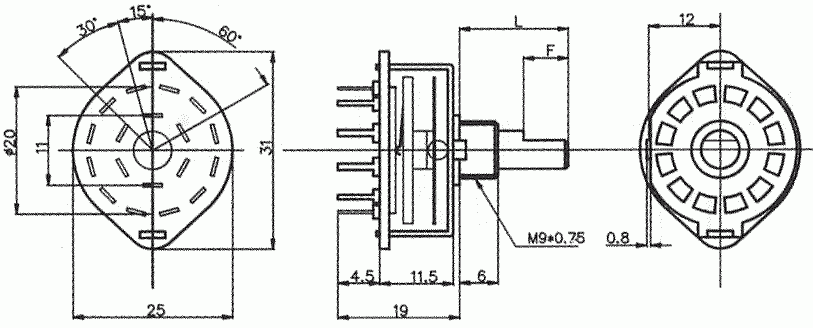 Галетный переключатель RUICHI SR25-1-3-2, 2 положения, 3 направления, угол поворота 360°, 0.3 А, 125 В, 500 мОм, на плату фото 2