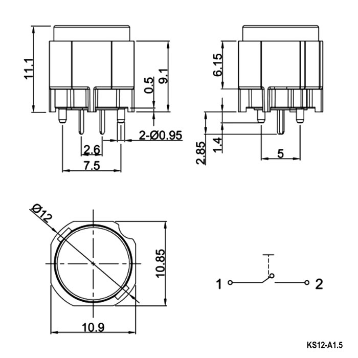Миниатюрная кнопка без фиксации RUICHI KS12-A1.5-BRN-5N-S, 2 контакта, круглая, корпус черный, кнопка красная фото 2