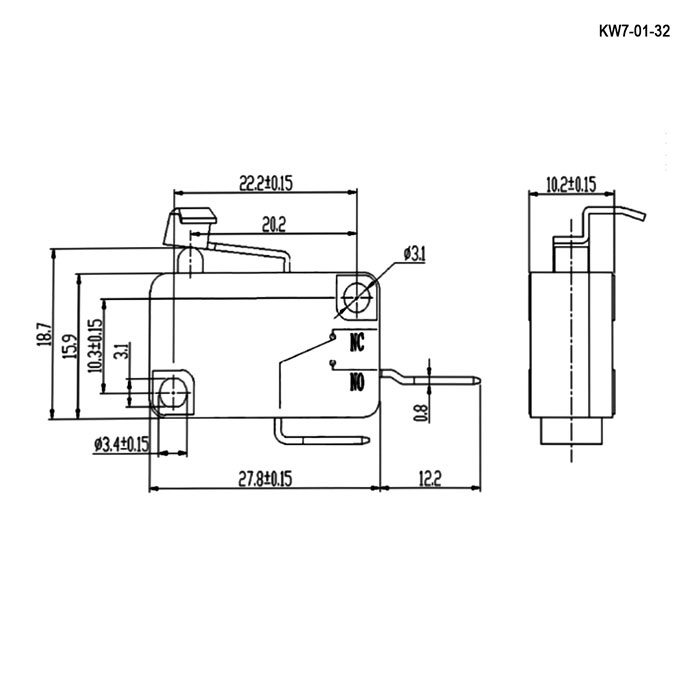 Микропереключатель с угловой планкой RUICHI KW7-01-32, 16х10.5х28 мм, OFF-(ON), SPST 2P, 250 В, 5 А, 30 мОм, -25...+85 °C фото 2