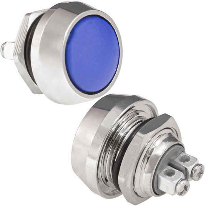 Кнопка антивандальная без подсветки RUICHI GQ12B-10/Bl/N, 1NO, ОFF-(ON) без фиксации, пос. диаметр 12 мм, контакты 2S, 2 А, 50 мОм, -20...+55 °C, корпус никелированная латунь, кнопка синяя фото 1