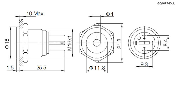 Кнопка антивандальная RUICHI GQ16PF-10D/JL/R/N, OFF-(ON), рабочая температура -25…+55 °C, никелированная латунь фото 2