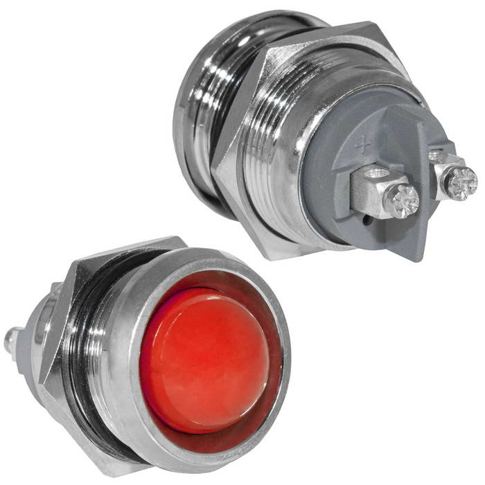Индикатор антивандальный RUICHI GQ22SR-R, цвет красный, точечный излучатель, 12-24 В, 15 мА, гибкие выводы, никелированная латунь фото 1