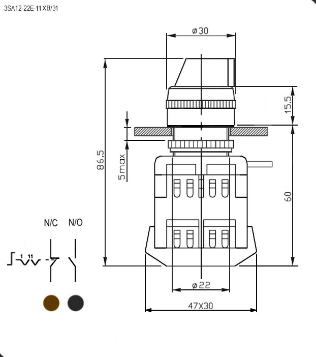 Переключатель поворотный RUICHI 3SA12-22E-11XB/21, 2 положения NO+NC, IP40, 10 А, 600 В, установочное отверстие 22 мм, винтовой зажим (4S) фото 2