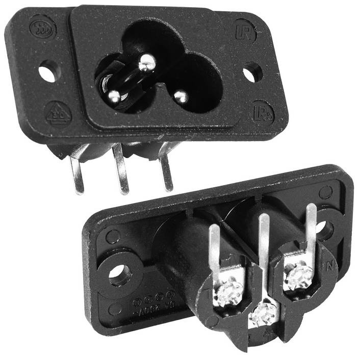 Разъем питания IEC-60320 (C6) RUICHI AC-038, с фланцами, 3 контакта, 10 А, 250 В, -25…+70 °C, черный фото 1