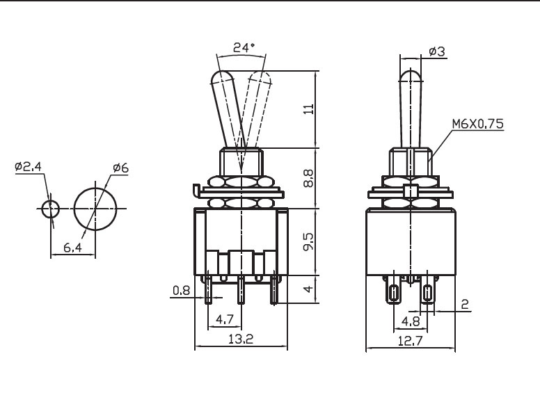 Микротумблер RUICHI MTS-203, ON-OFF-ON, DPDT, 3 А, 250 В, 20 мОм, установочное отверстие 6 мм, 6 контактов фото 2