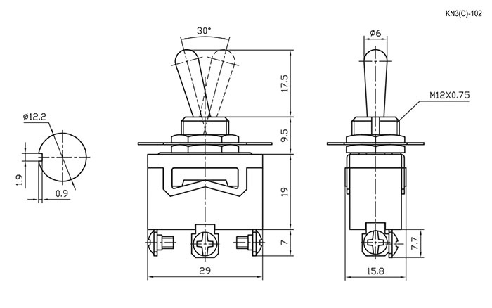 Тумблер двухпозиционный однополюсный RUICHI KN3(C)-102, 53х15.8х29 мм, ON-ON, SPDT, 6 А, 250 В, 50 мОм, 3 контакта, под винт фото 2