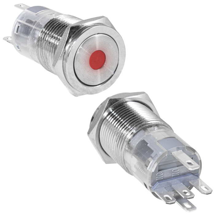 Кнопка антивандальная RUICHI LAS2GQPF-11ZD/R/N, ON-ON, рабочая температура -25…+55 °C, никелированная латунь фото 1