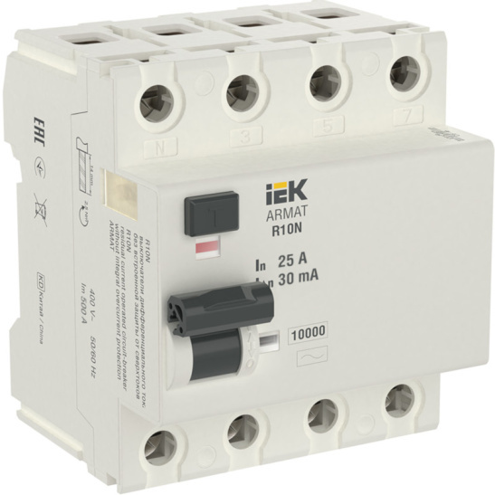 Выключатель дифференциальный УЗО R10N 4Р 25А 30мА ARMAT IEK (AR-R10N-4-025C030) фото 1