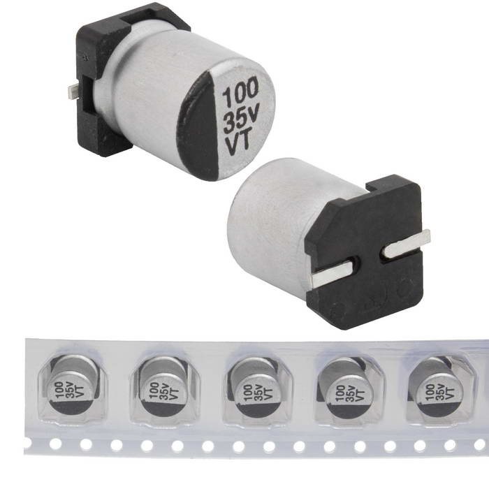 EVT035ADA101M0677 JWCO Конденсатор электролитический SMD, 100 мкФ, 35 В, 6.3х7.7 мм, -55…+105 °C, наработка 2000 часов фото 1