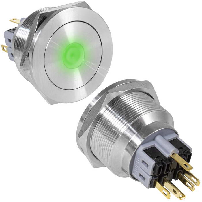 Кнопка антивандальная RUICHI GQ30PF-11D/G/N, ON-(OFF)+OFF-(ON), рабочая температура -25…+55 °C, никелированная латунь фото 1