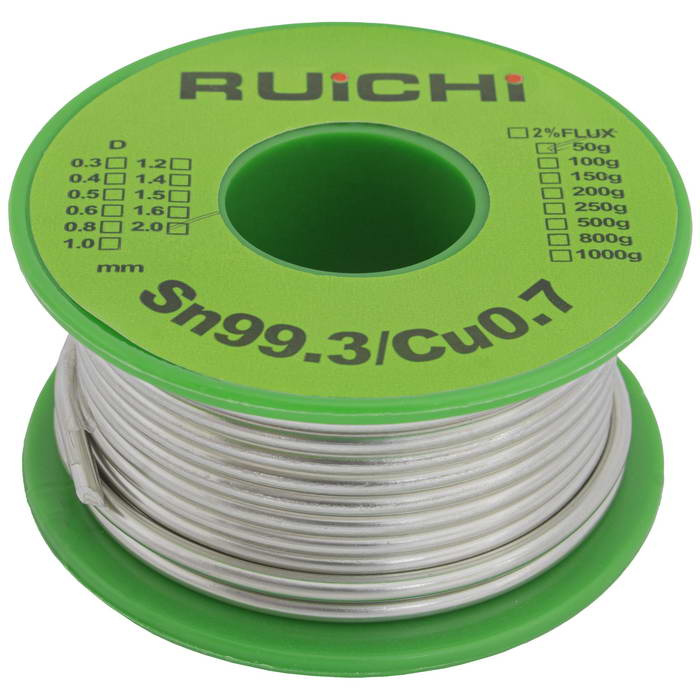 Припой оловянно-медный RUICHI, Sn 99.3%/Cu 0.7%, бессвинцовый,  диаметр 2.0 мм, 50 г, с флюсом фото 1
