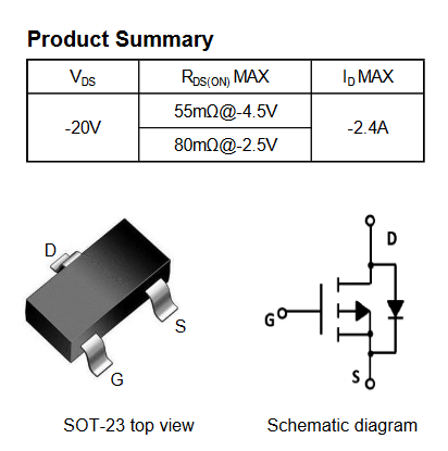 FDN302P SLKOR полевой транзистор (MOSFET), P-канал, -20 В, -2.4 А, 55 мОм, SOT-23 фото 2
