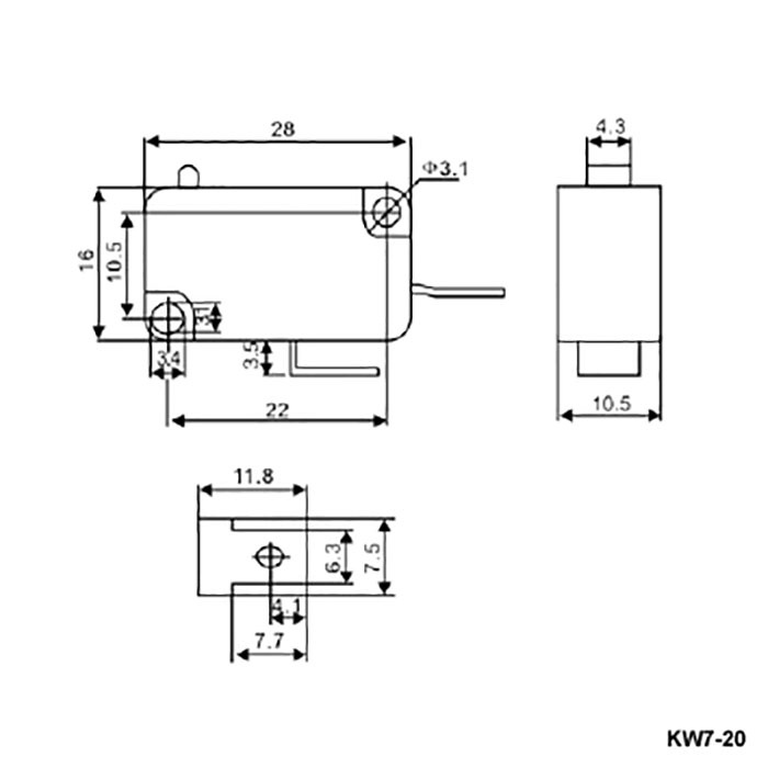 Микропереключатель RUICHI KW7-20, 16х10.5х28 мм, OFF-(ON), 2P, 250 В, 5 А, 30 мОм, -25...+85 °C фото 2
