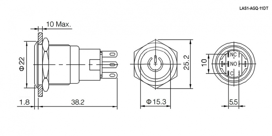 Кнопка антивандальная RUICHI LAS1-AGQ-11DT/G/N, ON-(ON), рабочая температура -25…+55 °C, никелированная латунь фото 2