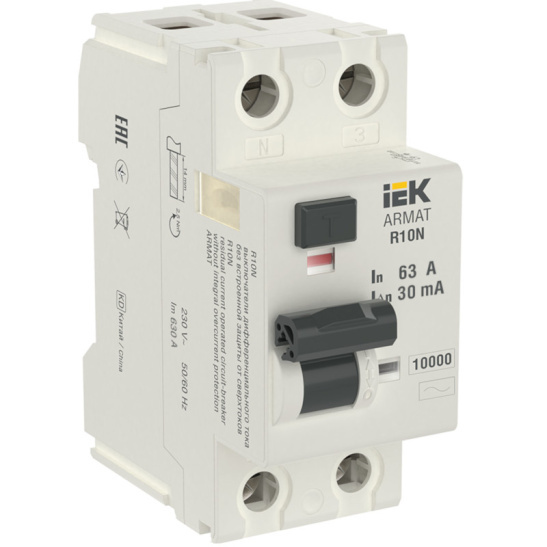 Выключатель дифференциальный УЗО R10N 2Р 63А 30мА ARMAT IEK (AR-R10N-2-063C030) фото 1