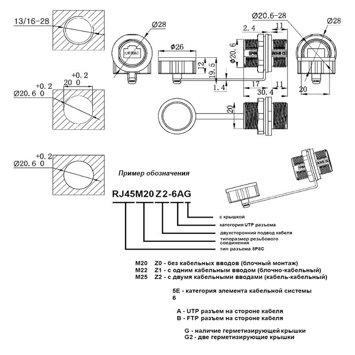 Разъём герметичный RUICHI RJ45M20ZO-6AG фото 2